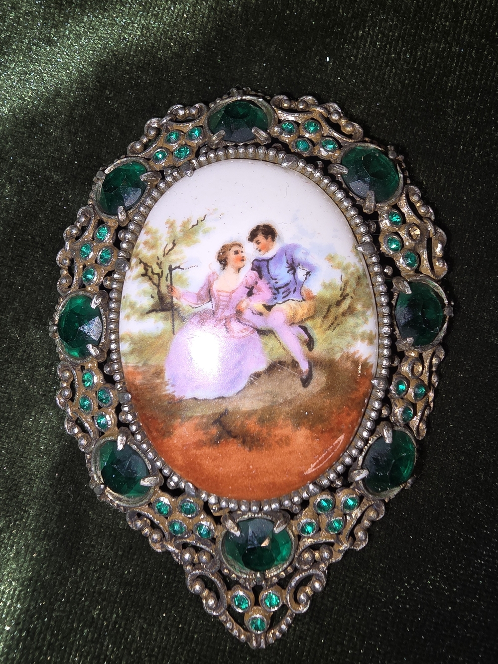 H Pomerantz Vintage Green Jeweled Oval Brooch with Romantic Porcelain Scene Rare